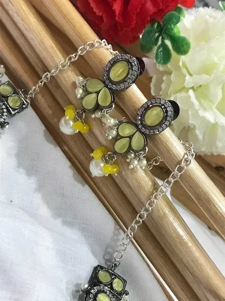 Oxidized Pastel Yellow Necklace Set With AD Stone In USA