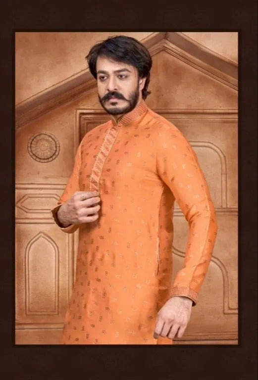 Men's Pure Jacquard Leaf Work Kurta Pajama Set In Orange near me