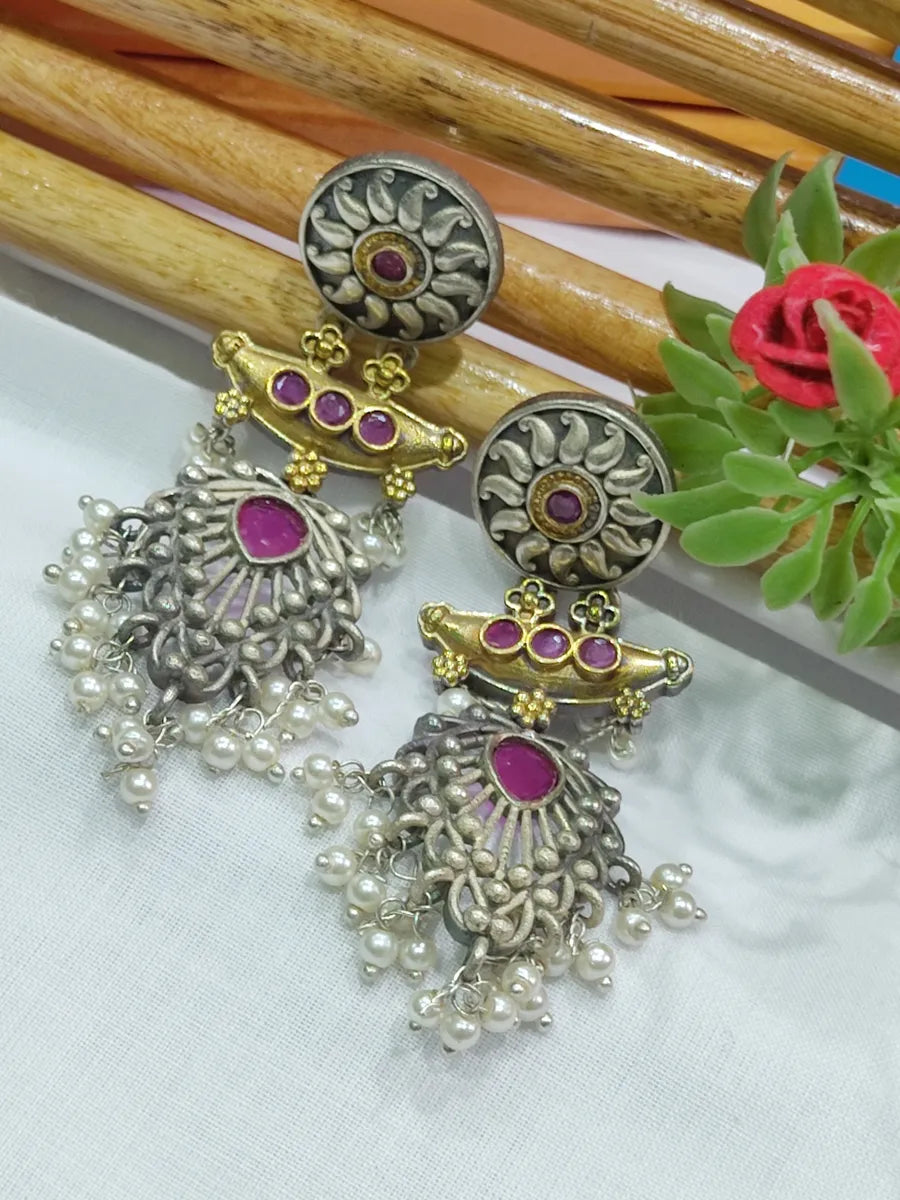 Pink Stoned Oxidized Dangler Earrings In USA