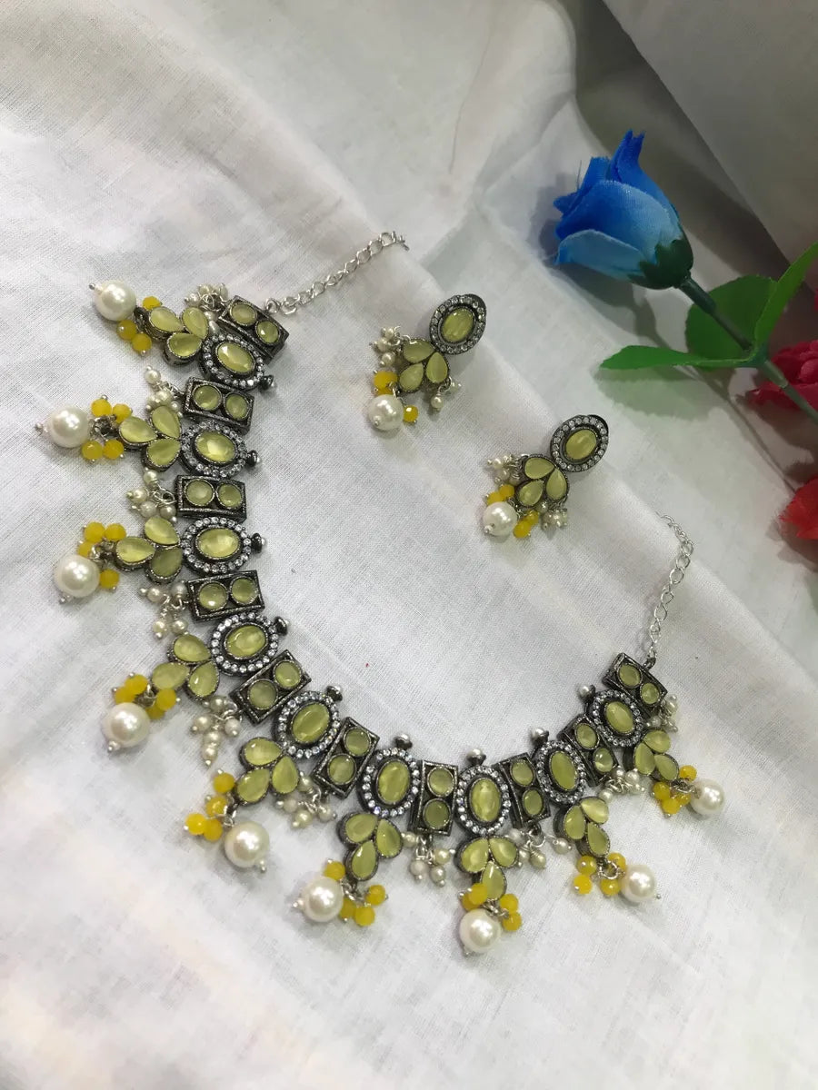 Oxidized Chain Set With Pastel Yellow AD Stone Near Me