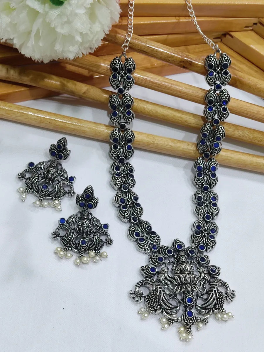 Oxidized Blue Stone Necklace With Earrings In USA