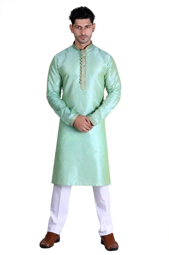 Light green colored Royal Men's Embroidered Pure Silk Kurta Pajama Set