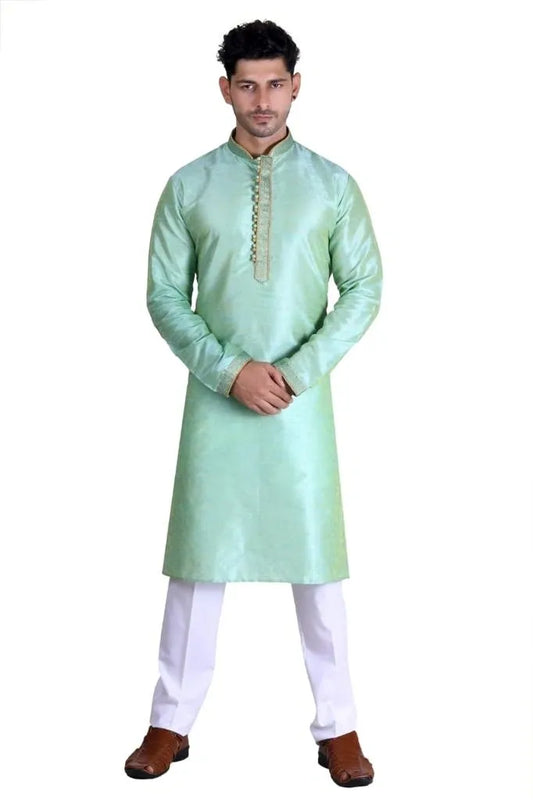 Light green colored Royal Men's Embroidered Pure Silk Kurta Pajama Set