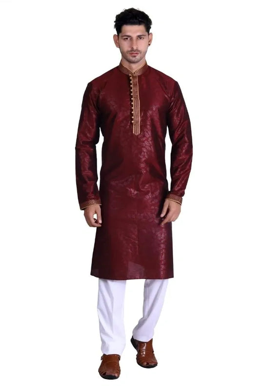 Royal Men's Embroidered Pure Silk Kurta Pajama Set - Maroon