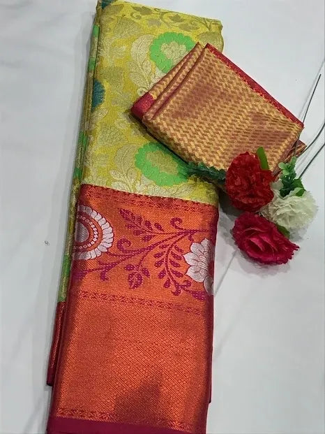 Yellow Pure Kanchipuram Tissue Silk Saree With Contrast Zari Border - SILKMARK CERTIFIED