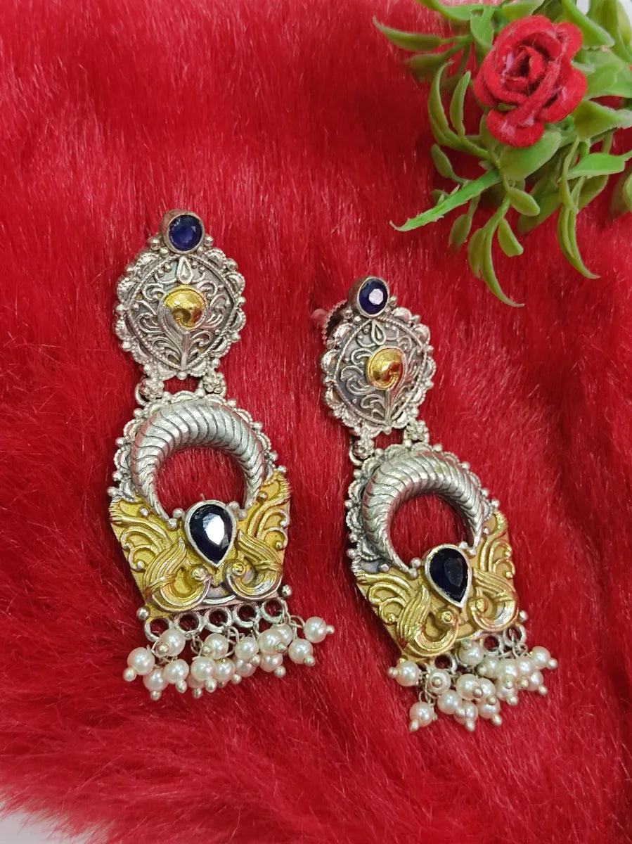 Blue Stone Antique Design Pearl Beaded Oxidized Earrings Near Me