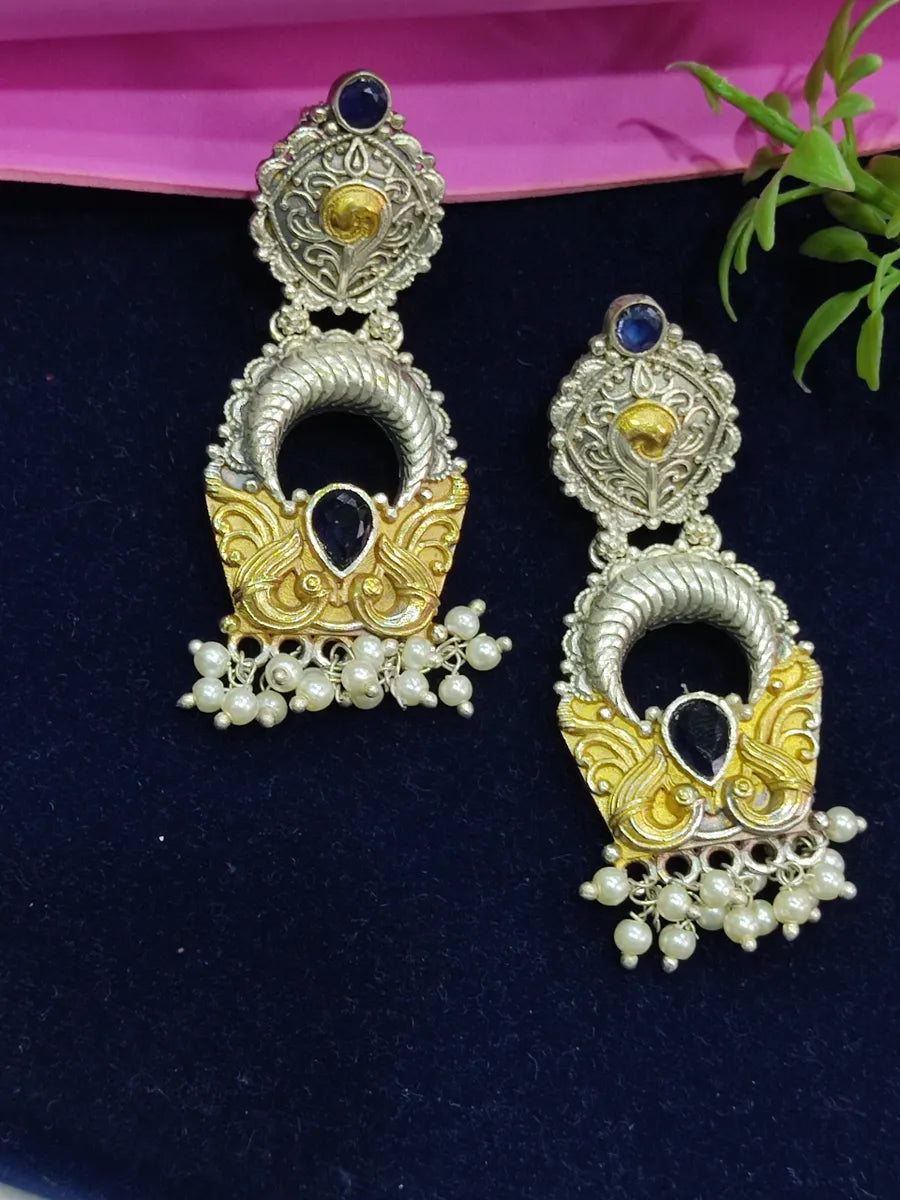 Blue Stone Oxidized Earrings In USA