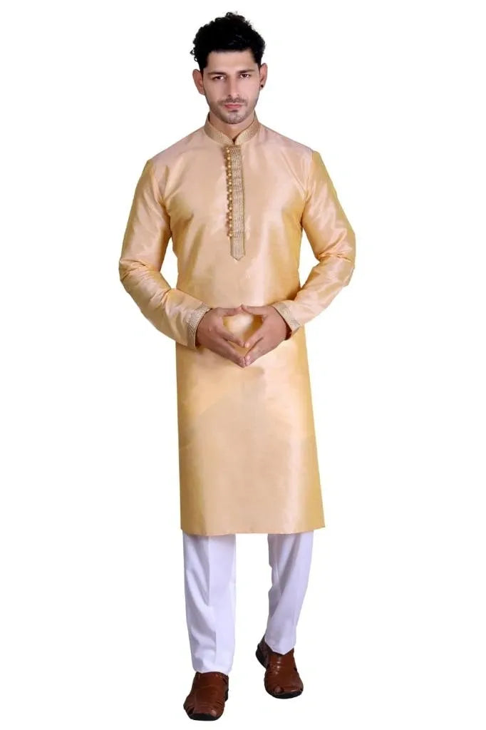 Light Orange color Royal Men's Embroidered Pure Silk Kurta near me