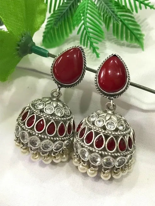 Traditional Oxidized Jhumka Earrings With AD Stones In USA