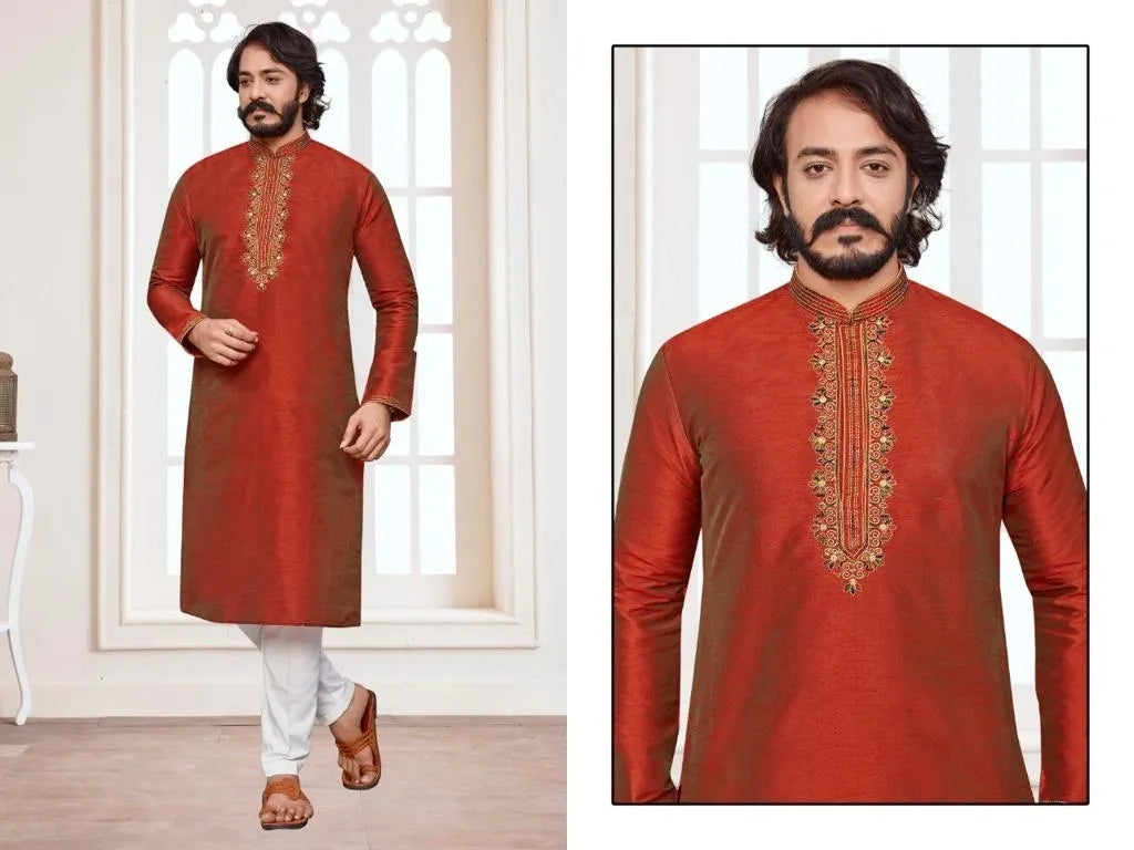 Two Tone Red color Traditional Men's Ethnic Long Kurta in Casagrande