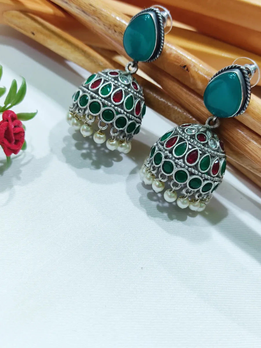 Multicolor AD Stoned Silver Oxidized Jhumka Earrings Near Me