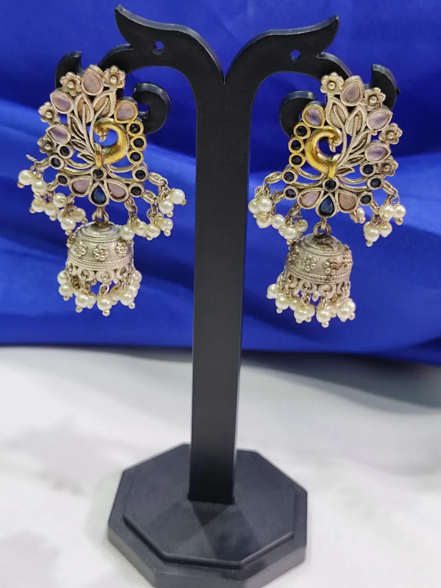 Pearl Beaded Silver Oxidized Jhumka Earrings In USA