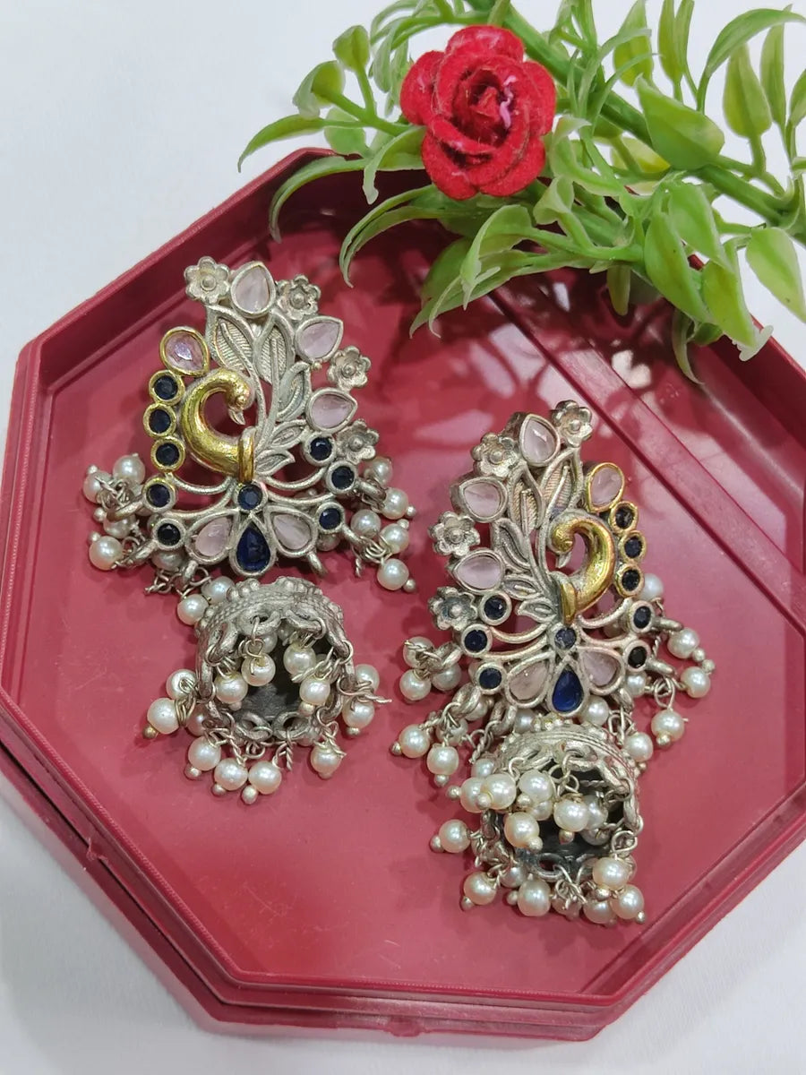 Blue Stone Peacock Oxidized Jhumka Earrings Near Me