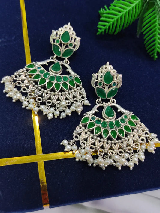 High Quality Emerald Stoned Dangler Oxidized Earrings