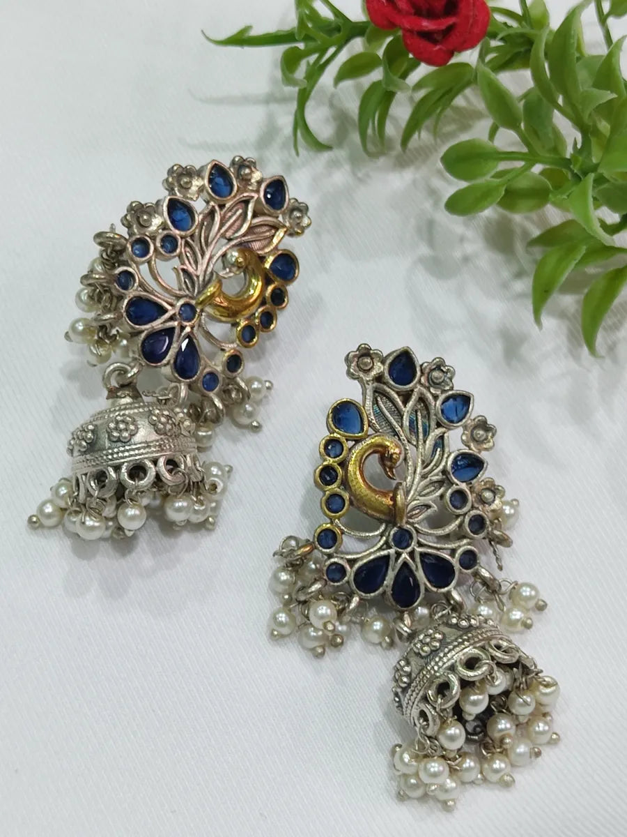 Pearl Blue Stone Peacock Oxidized Jhumka Earring