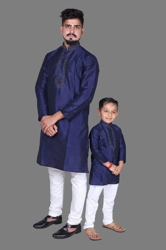 Dad And Son Pure Malbari Silk Regular Pajama Set - Dark Blue