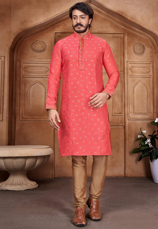 Men's Pure Jacquard Leaf Printed Kurta Pajama Set