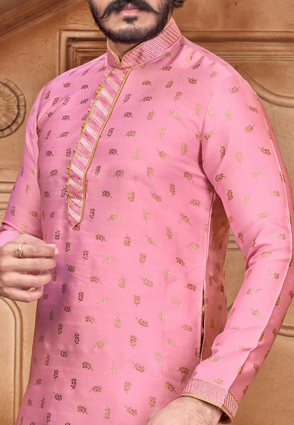 Embroidered Men's Pure Jacquard Leaf Work Kurta Pajama Set In Light Pink in Tucson