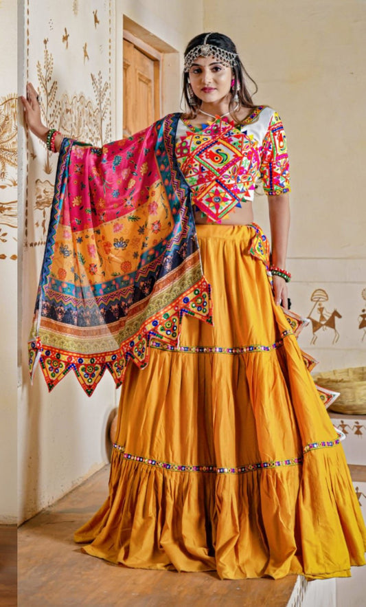 Charming Yellow Colored Rayon Ready Mirror Lace Work Chaniya Lehenga Choli With Dupatta