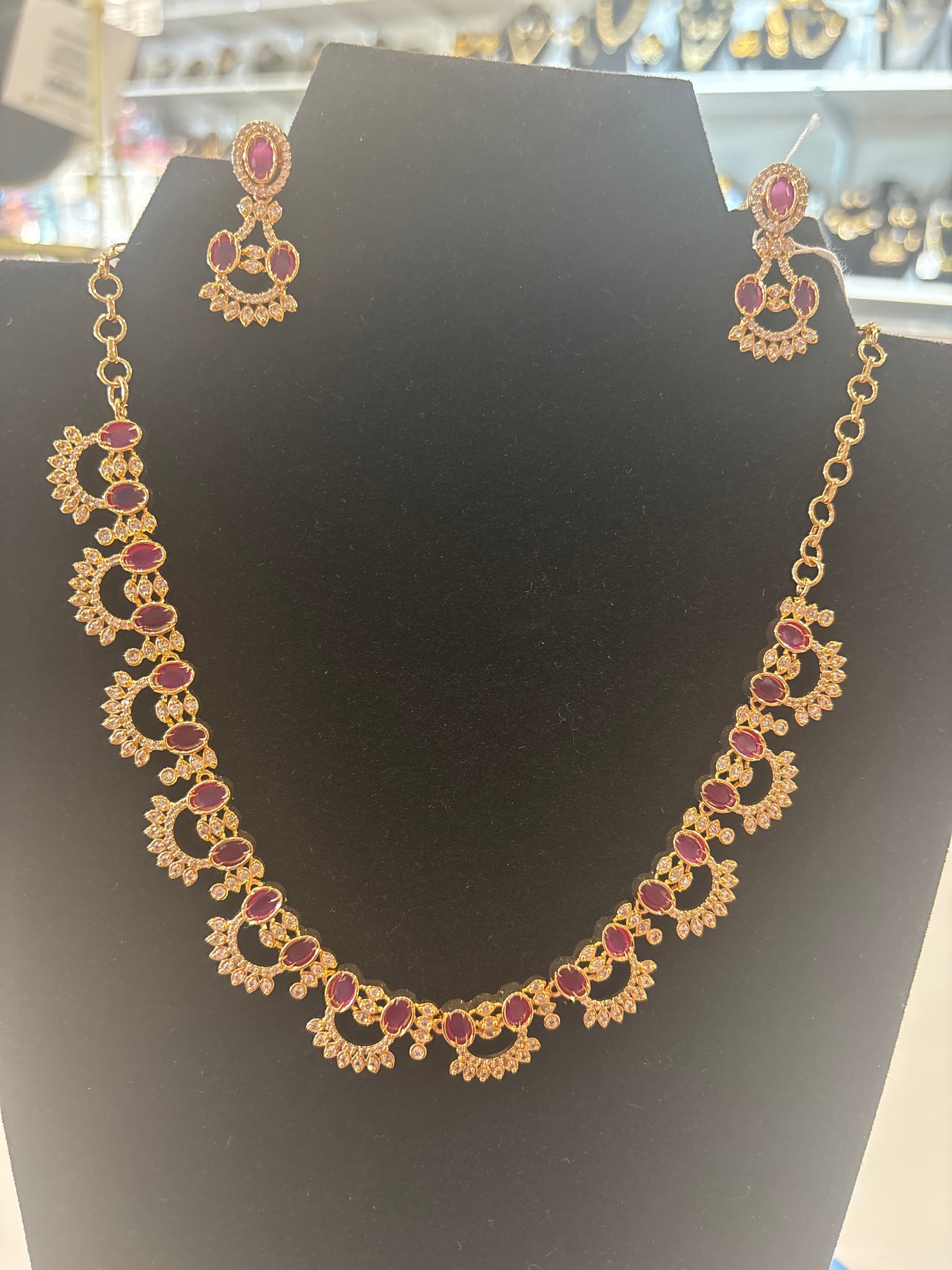 Attractive Gold Plated Pink & white Stones  Necklace set with Earrings