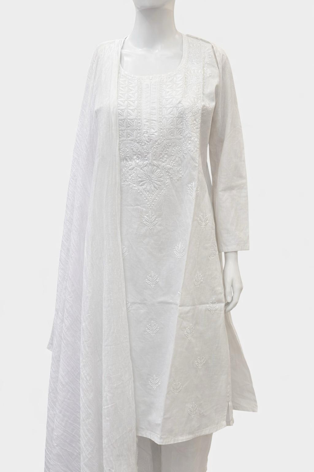 Delightful White Color Cotton With Chikankari Work Kurti Suits For Women