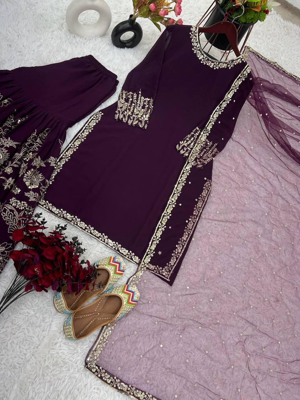  Purple Color Heavy Faux Georgette Sharara With  Embroidery Work In USA