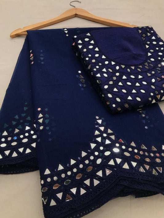 Beautiful Net Embroidery And Mirror Work Saree In Blue Colored For Women