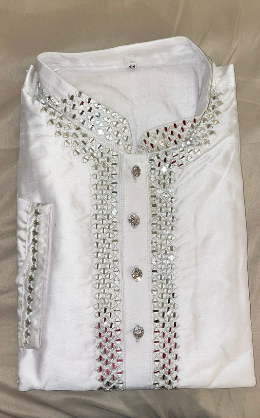 Impressive White Embroidered Silk Kurta with Pajama for Men.
