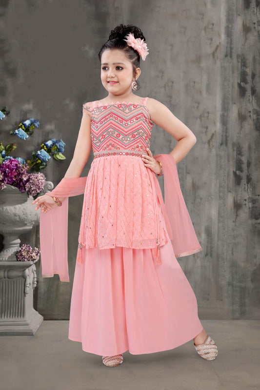 Elegant Pink Colored Georgette With Embroidery Work Sharara Suits For Girls