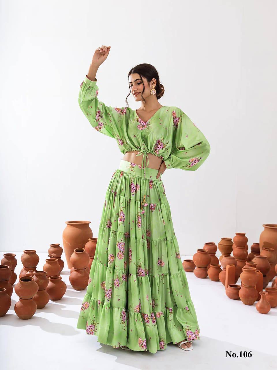 Dazzling Green Color Floral Printed Tier Lehenga With Crop Top