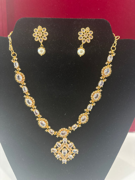 Beautiful White Stones Embadded Gold Plated Necklace With Earrings Set