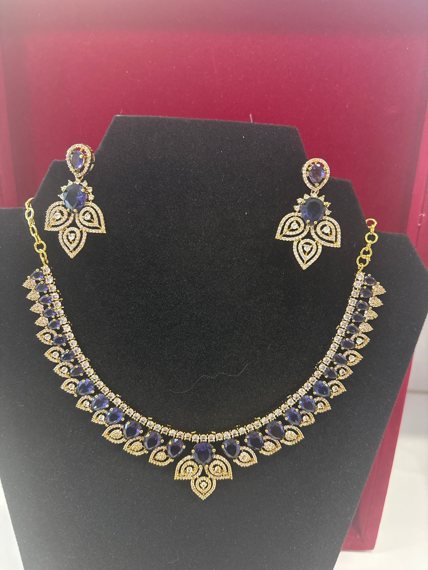 Stunning Purple And White Stones Gold Plated Necklace With Earrings Set