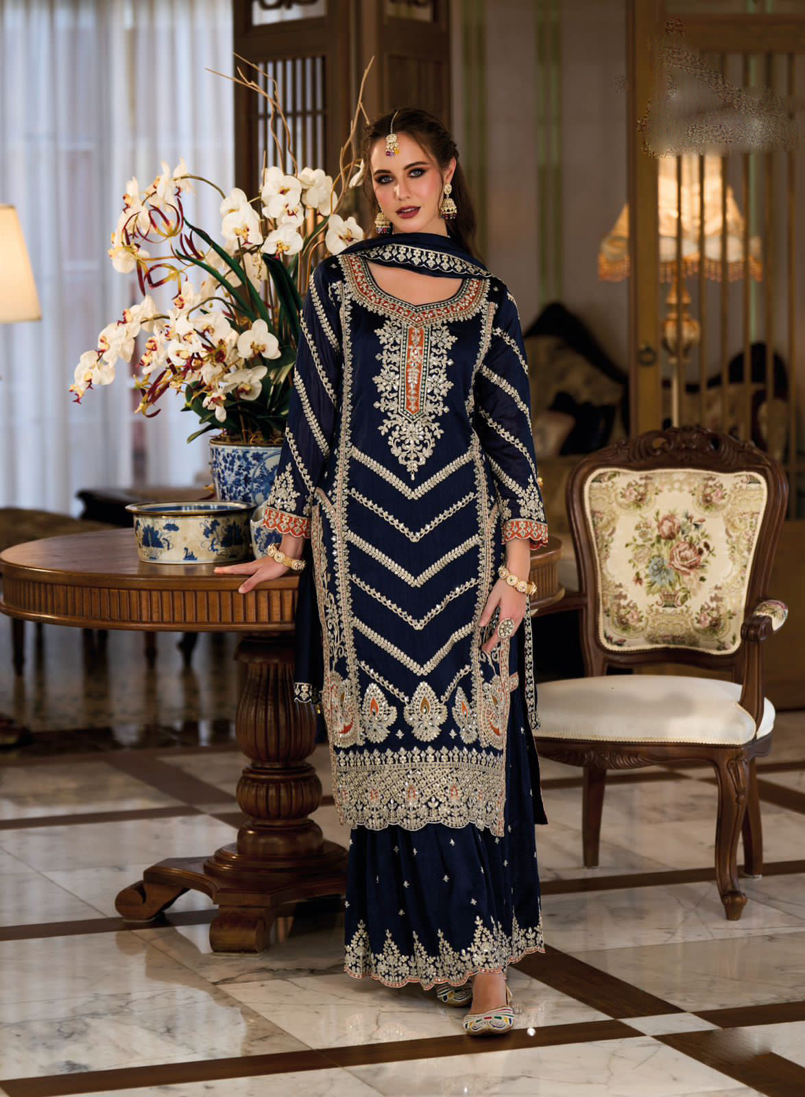 Appealing Dark Blue Color Premium Silk Designer Sharara Suits And Embroidery Work With Dupatta For Women In Tempe