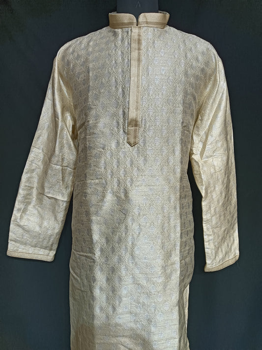 Beautiful Beige Colored Banarasi Brocade Kurta With Linning And Pajama Pant For Men 