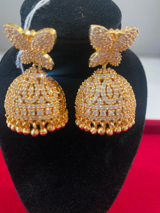 Beautiful White Color Stones Embadded Gold Plated Jhumkas For Women