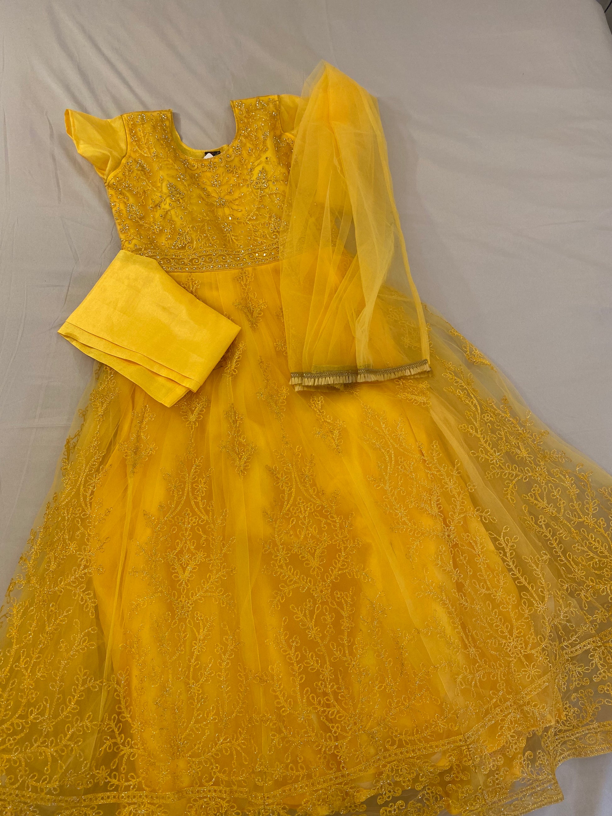 Beautiful Stunning Bright Yellow Net Gown With Bottom And Net Dupatta