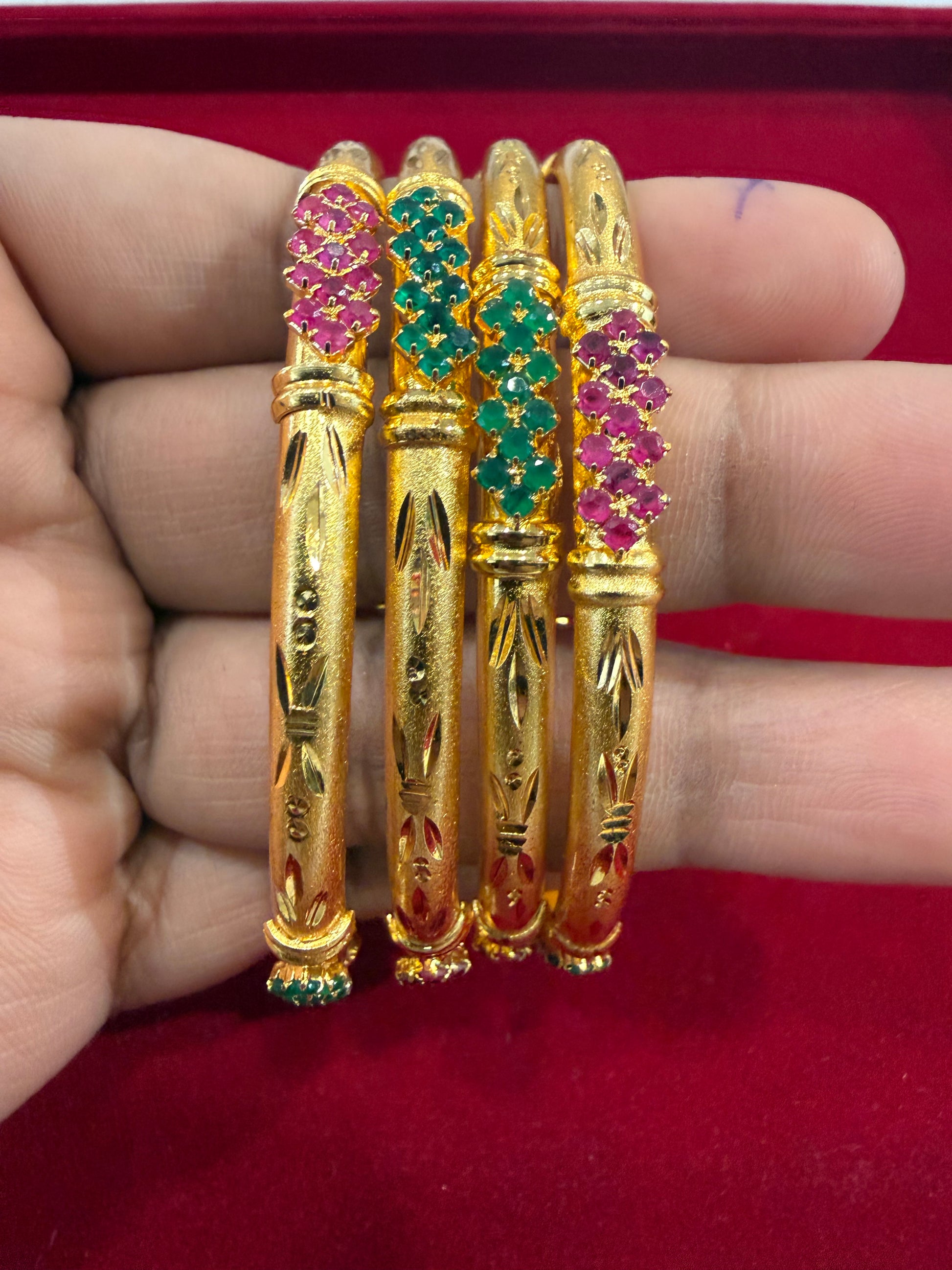 Shinny Green and Red Stones Gold Plated Bangles for Women