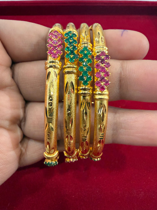 Shinny Green and Red Stones Gold Plated Bangles for Women