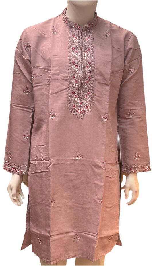 Attractive Light Pink Color Cotton Embroidery Work Kurta Suits For Men