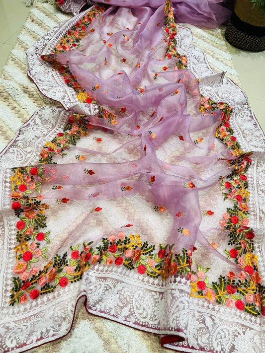 Elegant Soft Silk Violet Colored Designer In Pallu Viscose Border Sarees For Women
