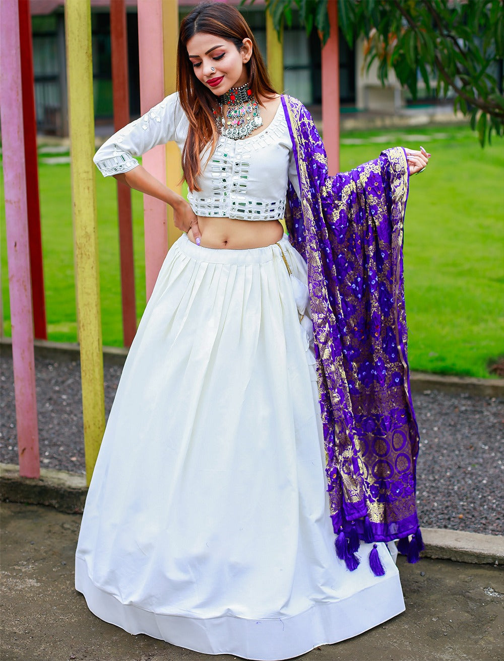 White Lehenga With Purple Color Dupatta In Suncity