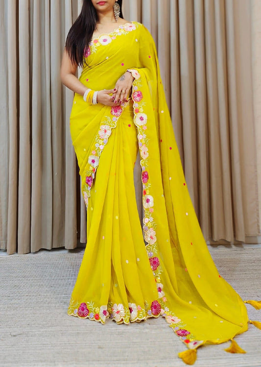 Ravishing Digital Yellow Colored Embroidery And Sequins Work Faux Georgette Saree For Women
