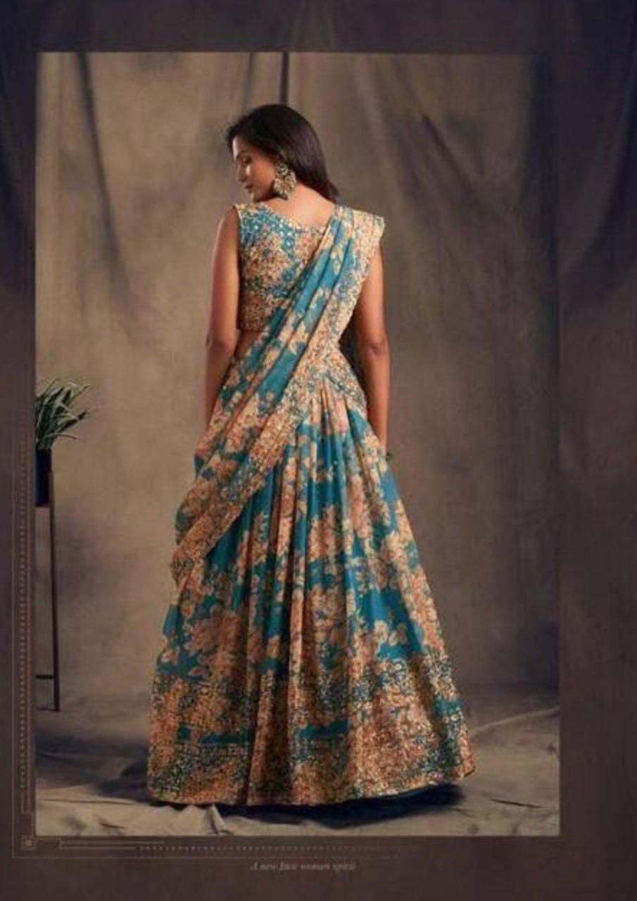 Beautiful Teal Blue Color Rose Printed Design and Golden Zari and Sequins Embroidered Lehengas With Dupatta Set