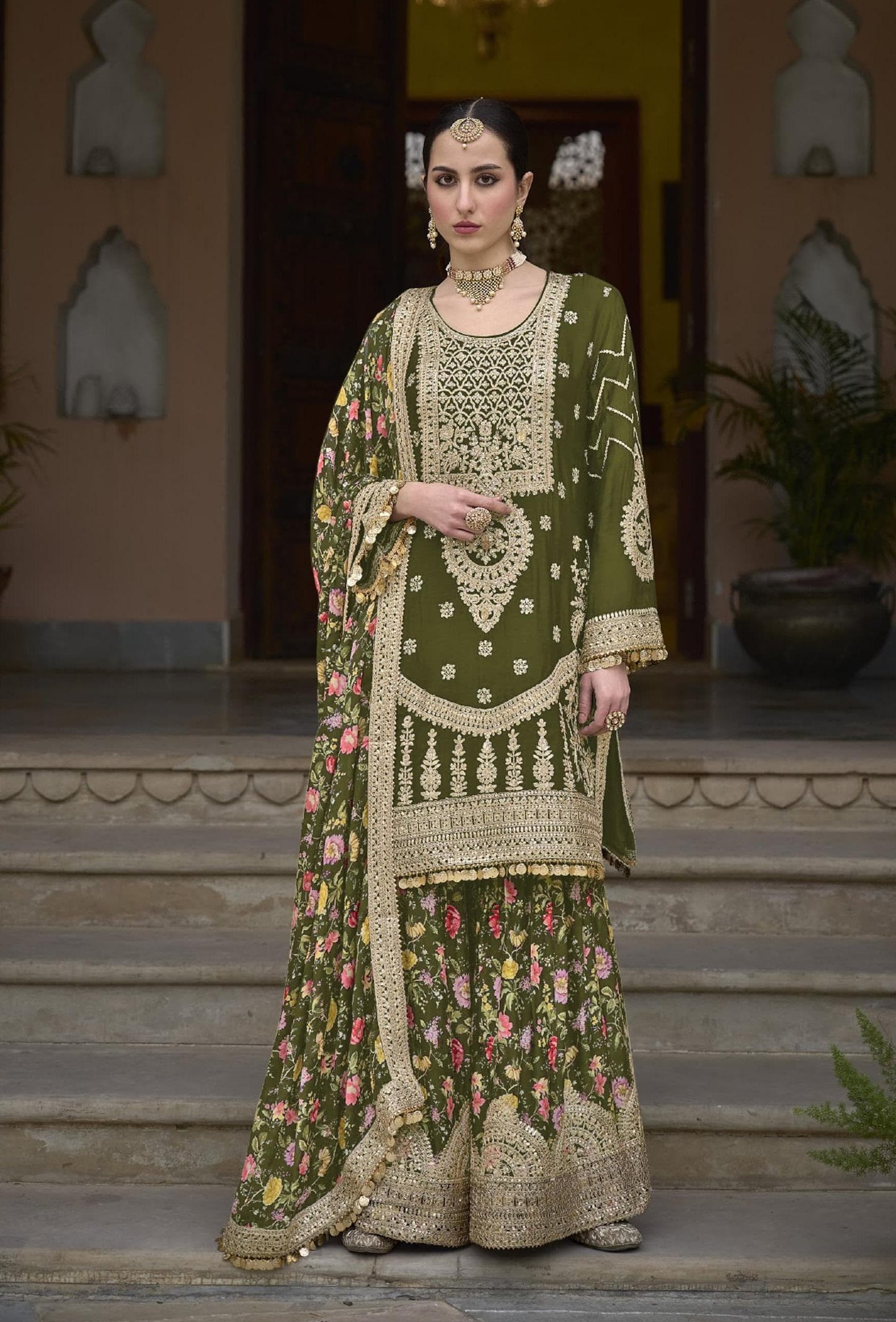 Beautiful Mehendi Green Color Palazzo Suits With  Embroidery Sequins Work Salwar Suits For Women