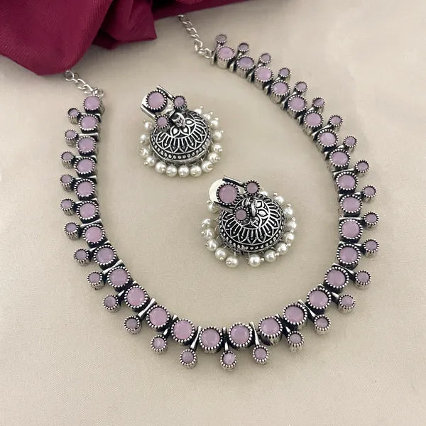 Lovely Light Pink Stone Beaded German Silver Plated Oxidized Necklace With Jhumka Earrings And Pearl Beads