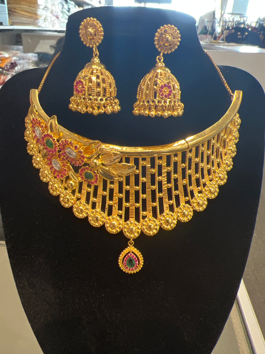 Beautiful Multicolor stone Gold Plated Choker With Earrings For Women