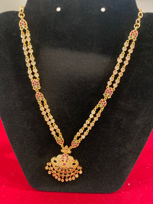 Elegant Dual-Line CZ & Ruby Green And Red Stone Pendant Necklace For Women