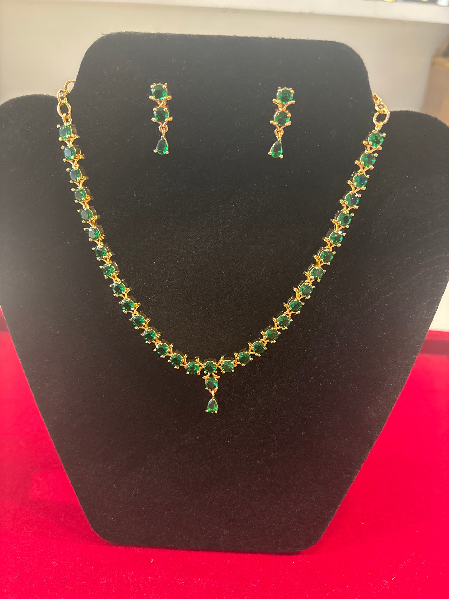Stunning Dark Green Color Stones Gold Plated Necklace Set With Earrings For Women