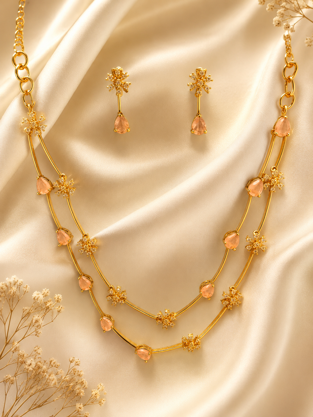Alluring Pink and White Color stunning Gold Plated necklace set