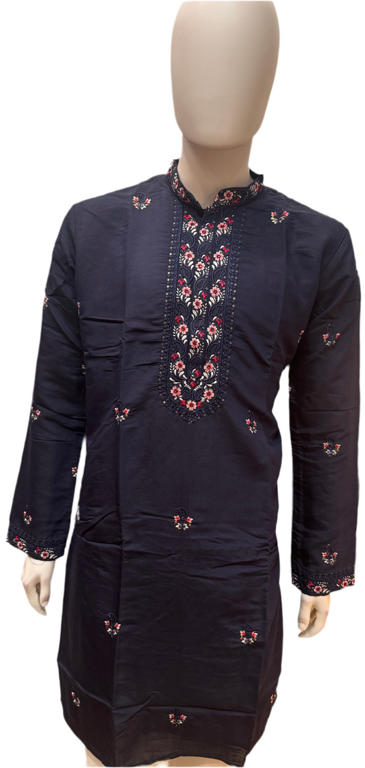Elegant Navy Blue Color Cotton Embroidery Work Kurta Suits For Men
